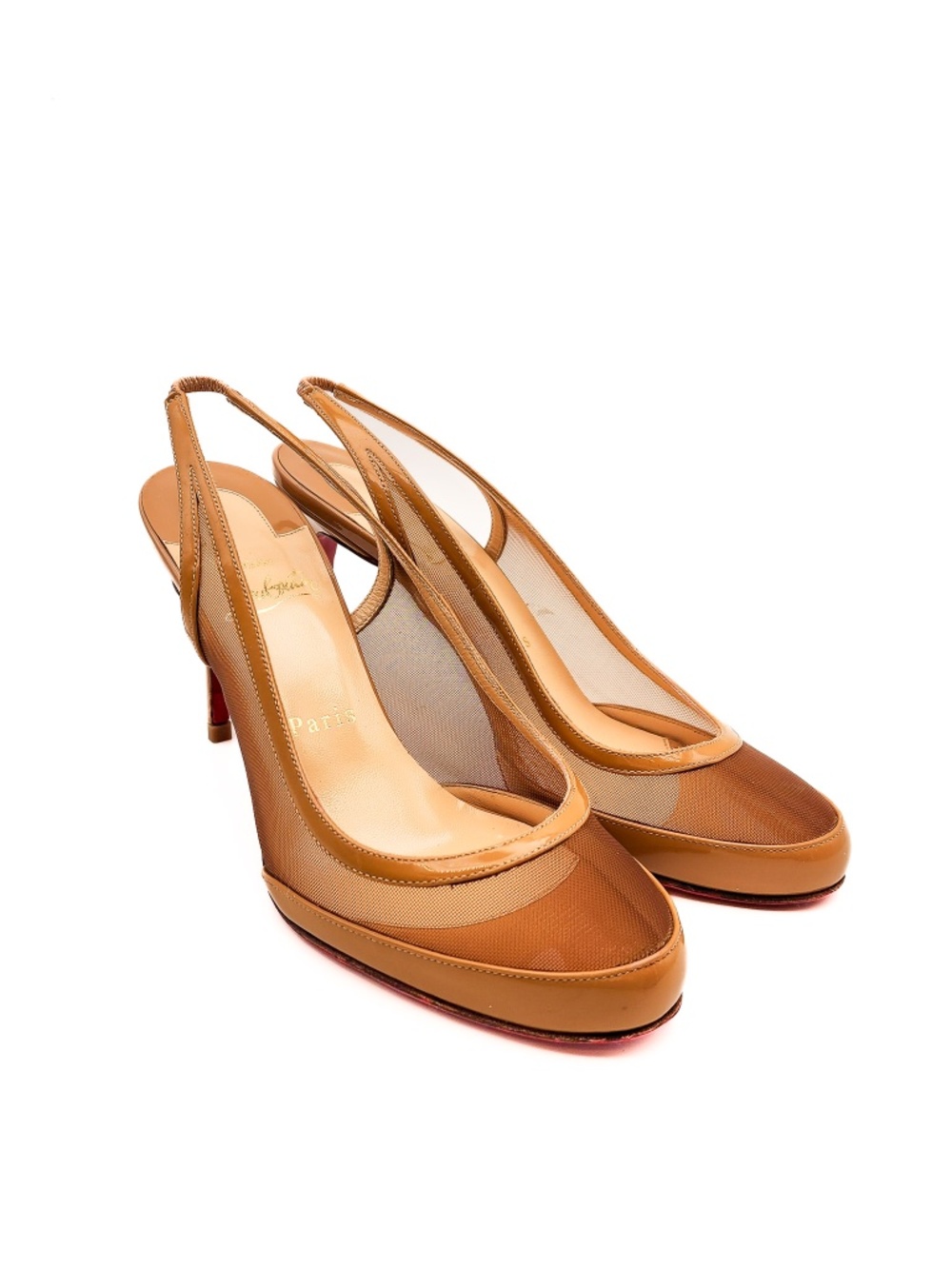 Christian Louboutin Beige Nude Patent Leather Mesh Slingback Pumps EU 37.5